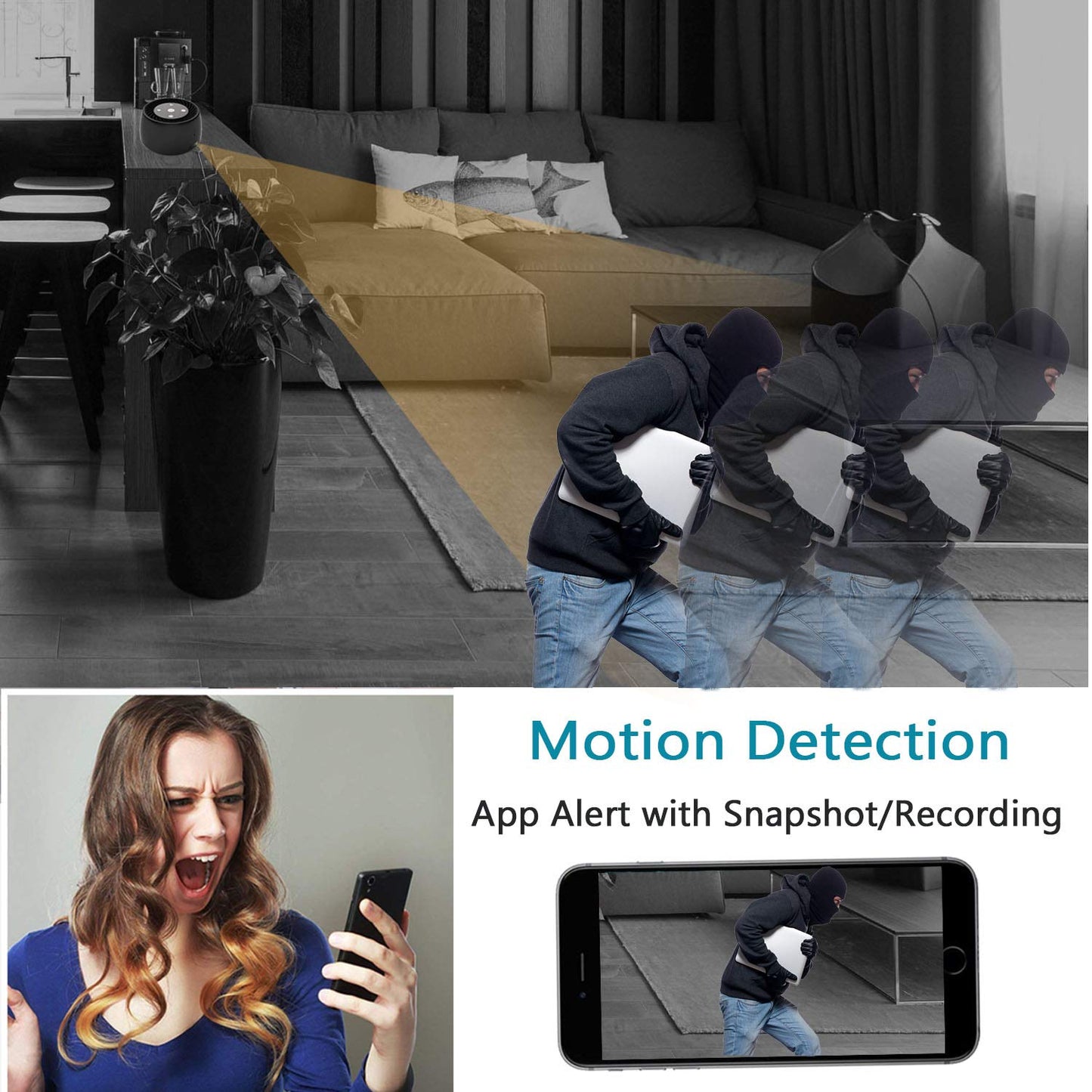 Wireless-WiFi-Security-Mini-Camera, Real 1080P Full HD with Night Vision and Motion Detection Recording, 2-IN-1 Real-time Monitoring for Home/Office