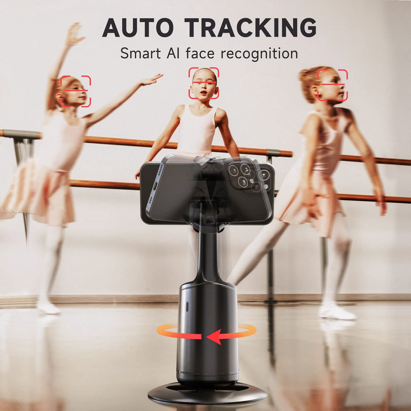 Auto Face Tracking Tripod - 360° Rotation Auto Tracking Phone Holder, No App, Phone Camera Mount with Remote and Gesture Control, Rechargeable Smart