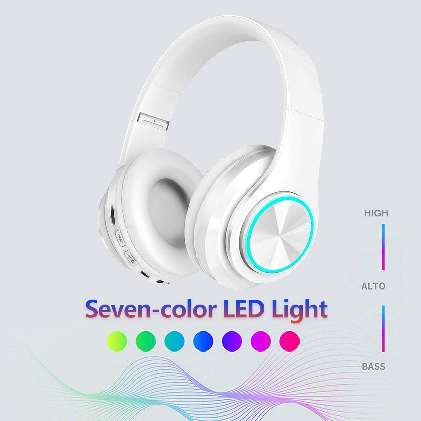 Bluetooth Over Ear Headphones, Deep Bass Colorful LED Lights Headphones with Mic, Lightweight Wireless Foldable HiFi Stereo Kids Headset for School…