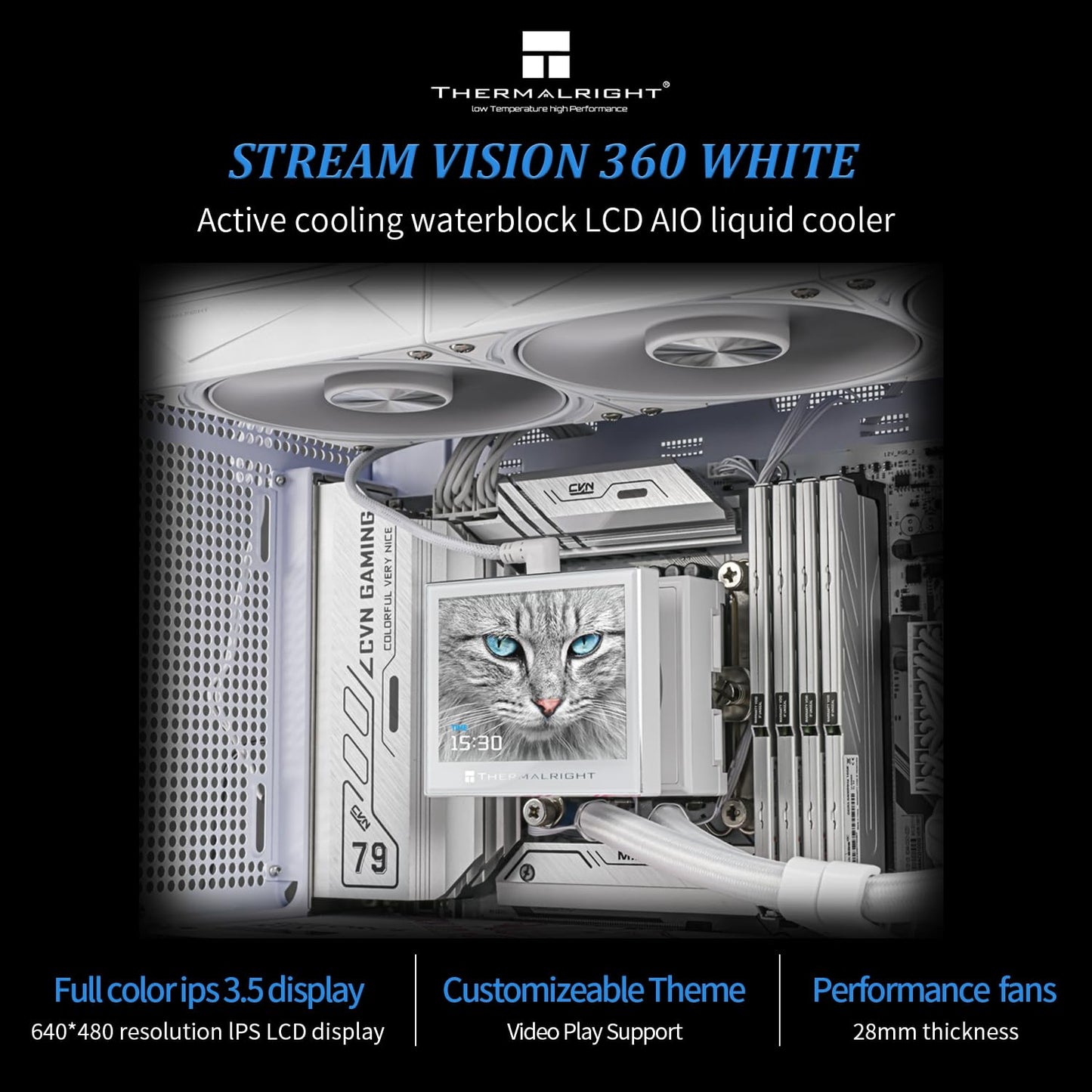 Thermalright Stream Vision 360 White-AIO Liquid Cooler,3x120mm Water Cooling,3.5in LCD Screen with Embedded Fan,for AM4/AM5,LGA1700/1851,High