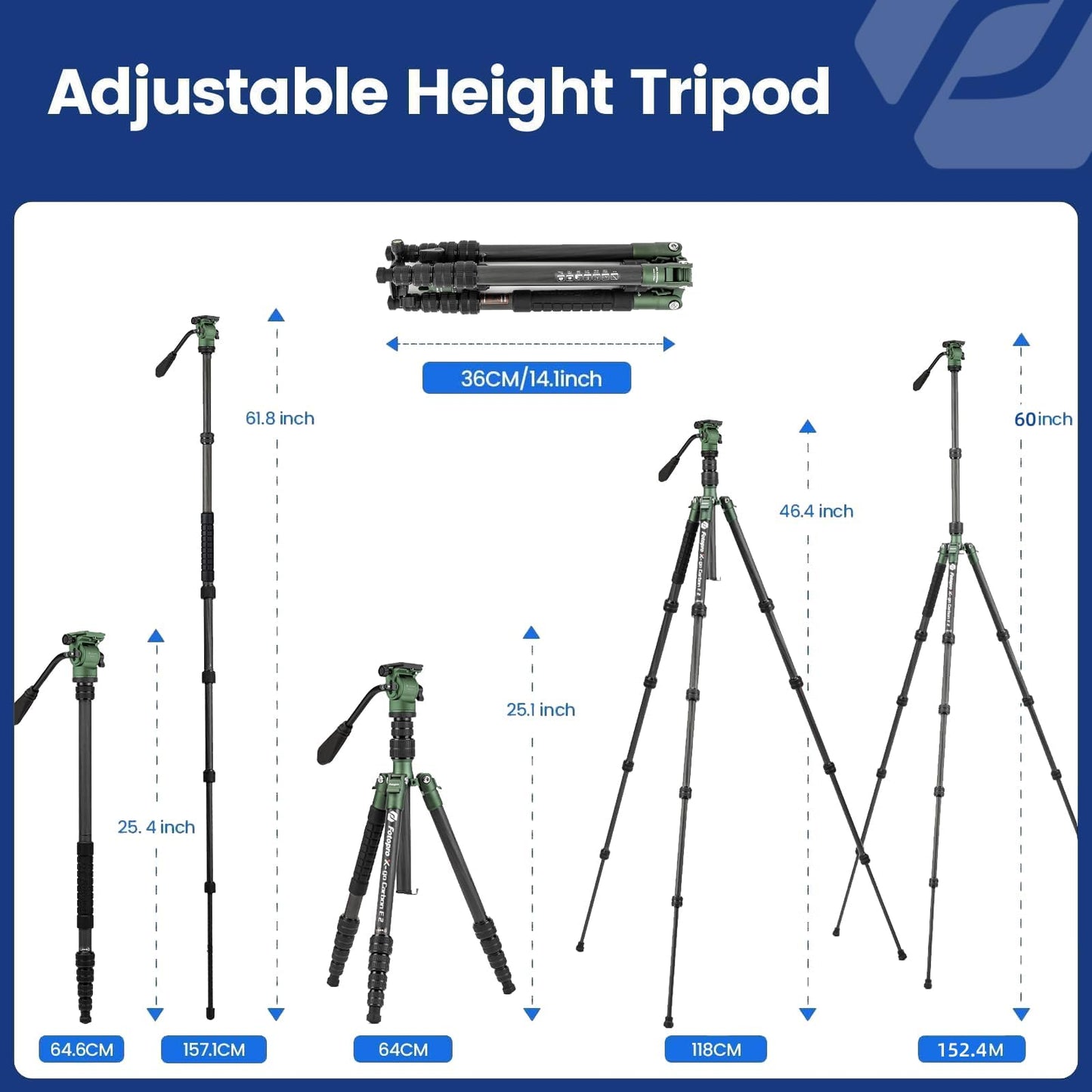 Fotopro 59" Carbon Fiber Travel Tripod with Fluid Head Detachable Monopod with Quick Release Plate and Bag Camera Tripod Load up to 8KG/17.63lbs X-go