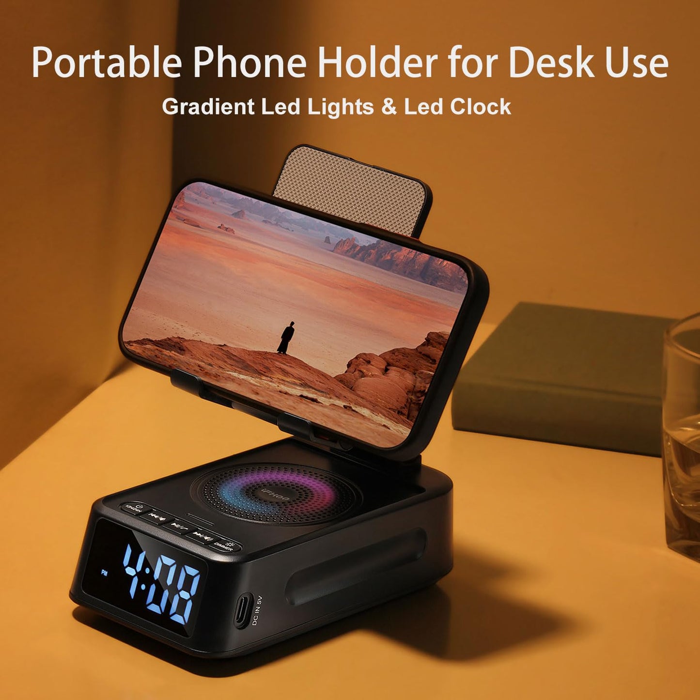 Gifts for Men Women, Phone Stand with Bluetooth Speaker&Clock, Birthday Gifts for Him, Phone Holder with Wireless Speaker, Ideal for Dad Mom Husband