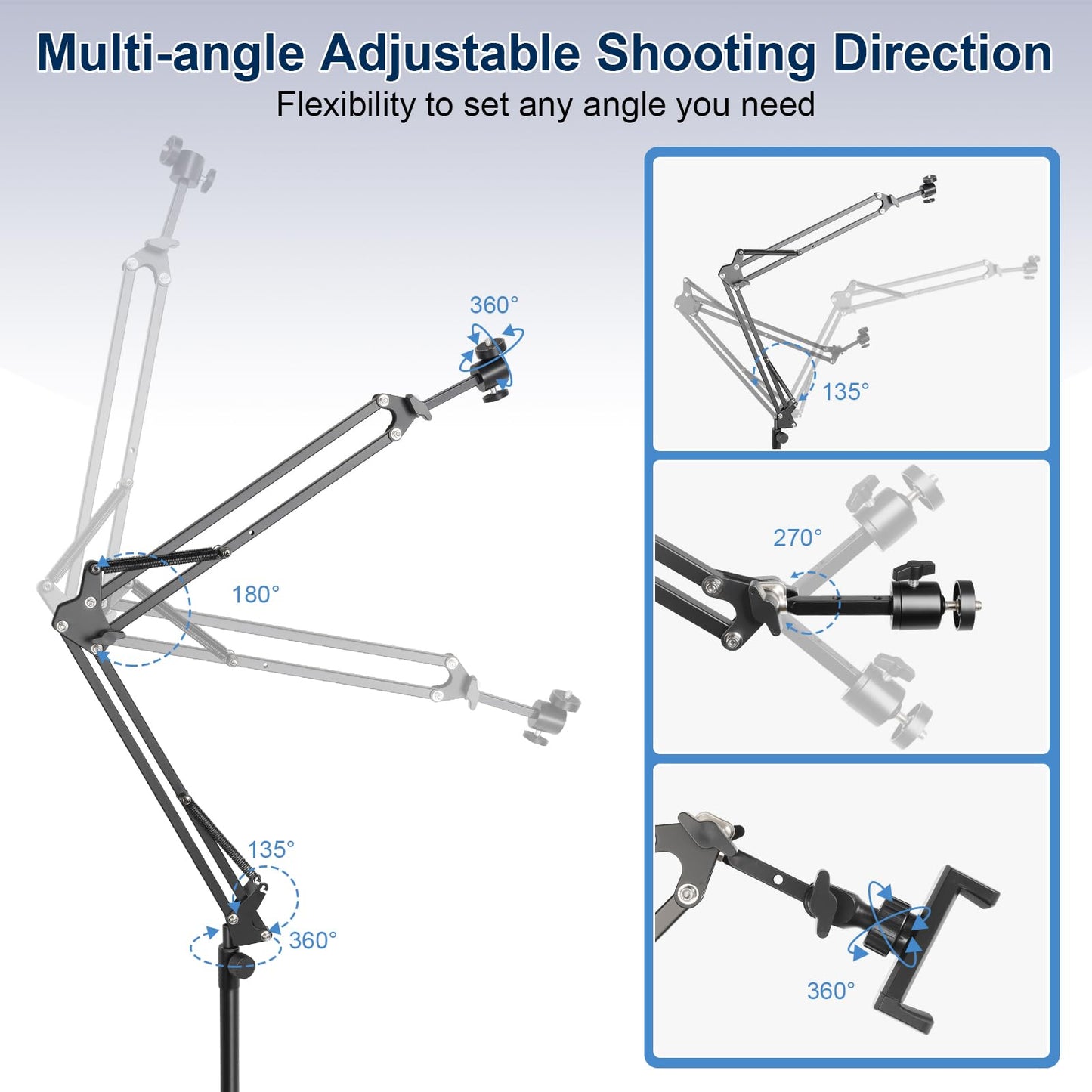 juttilax Overhead Camera Mount,Camera Desk Mount with 360° Adjustable Arm and Phone Holder,Max Load-Bearing 5lb,Desk Clamp Stand for Content Creation