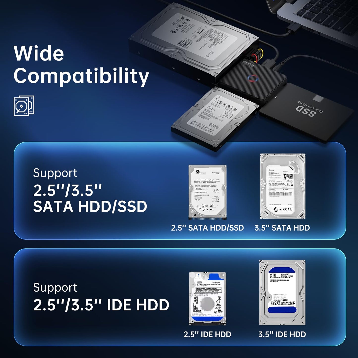 FIDECO SATA/IDE to USB 3.0 Adapter, Hard Drive Adapter Cable Converter for Universal 2.5/3.5 Inch IDE HDD, 2.5 Inch SSD, 5.25-Inch DVD/CD Drive
