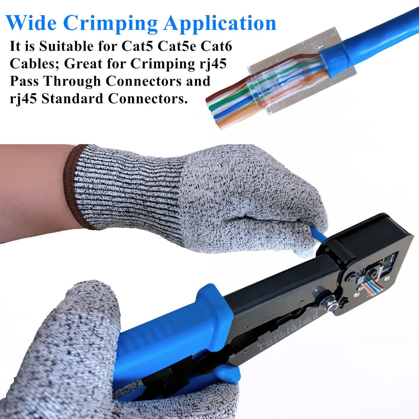 Gaobige rj45 Crimping Tool for Cat6 Cat5e Cat5, Sturdy Crimper for rj45 rj12/11 Pass-Through Connectors with 50pcs rj45 Cat5e Pass-Through Connectors