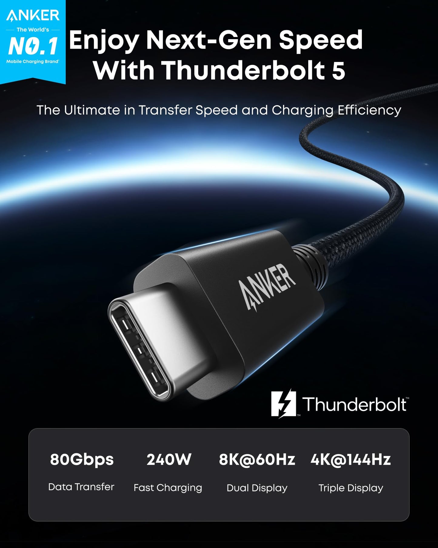 Anker Prime Thunderbolt 5 Cable, 1.7 FT USB C to USB C Cable, 240W Charging, 80Gbps Data Transfer, Up to 120Gbps Bandwidth, 8K/4K Displays, for iPhone