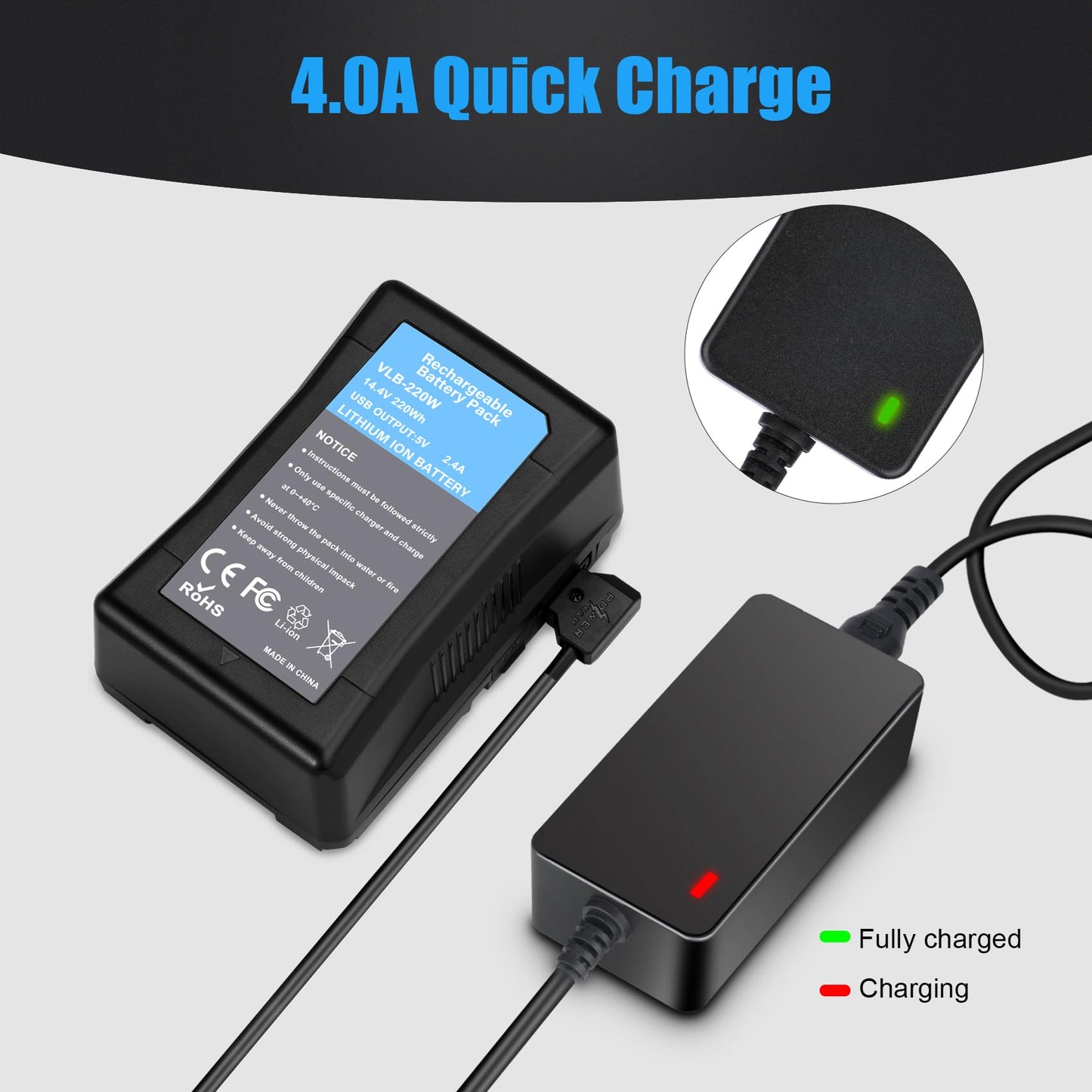 KUNLUN D-Tap Quick Charger[DC 16.8V/4A] with D Tap Cable for V-Mount/V Lock/Gold Mount Battery Charger, for Sony BP-U65 BP-U68 HDW-800P HDW-F900R