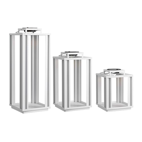 JONATHAN Y 19.5" White Modern Industrial Outdoor LED Solar Powered Lanterns Set of 3, Decorative Metal Frame Cordless Lighting for Garden Pathway