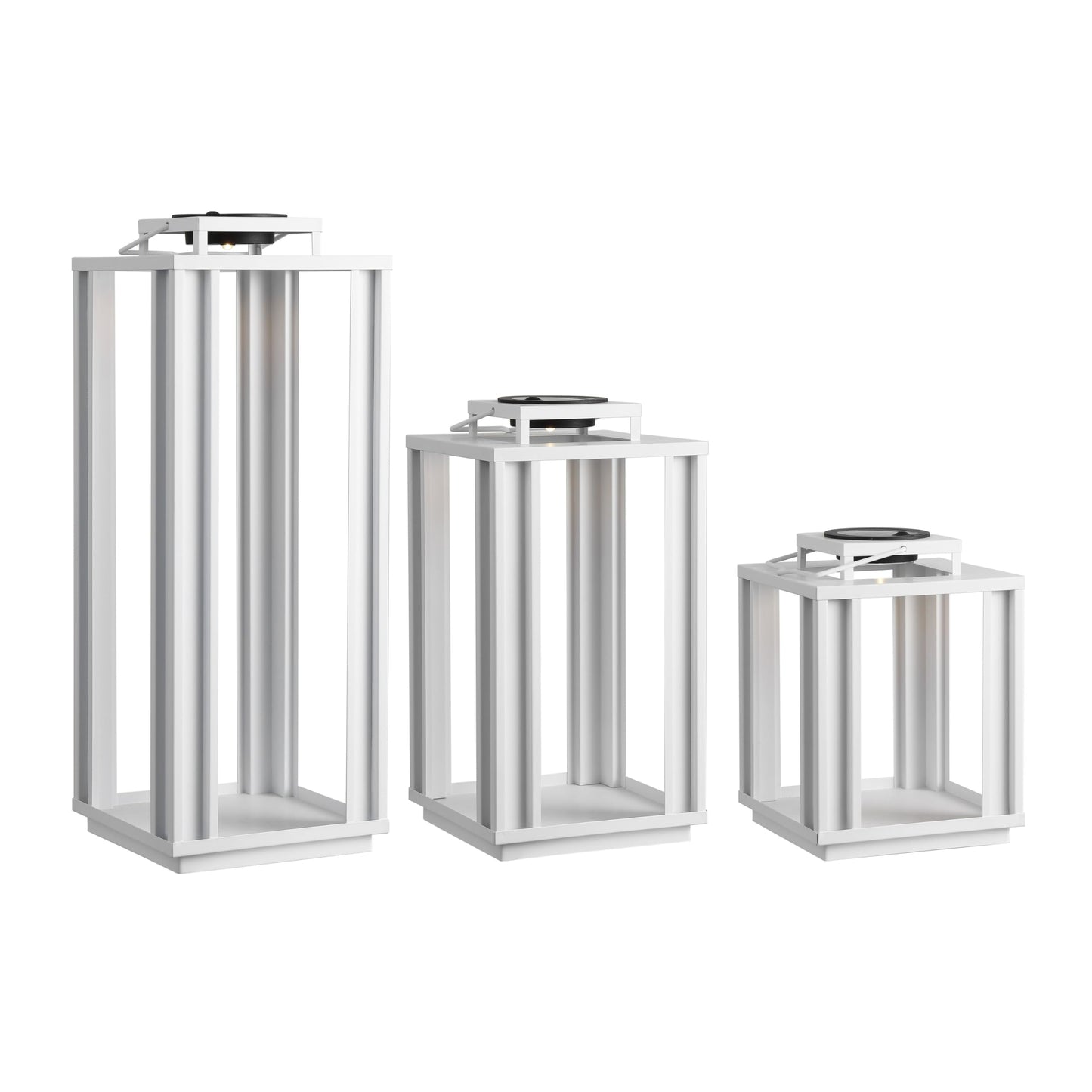 JONATHAN Y 19.5" White Modern Industrial Outdoor LED Solar Powered Lanterns Set of 3, Decorative Metal Frame Cordless Lighting for Garden Pathway