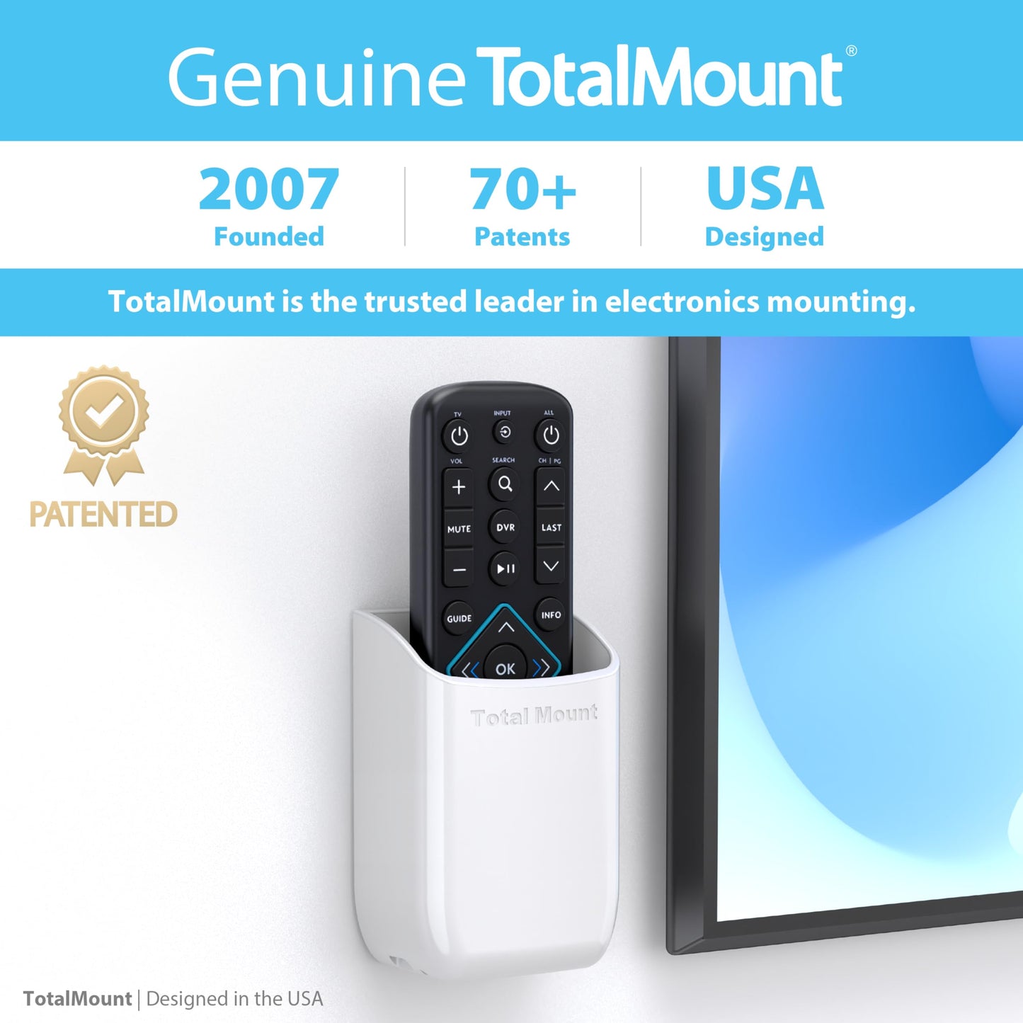 TotalMount Hole-Free Remote Holder - Eliminates Need to Drill Holes in Your Wall (White Remote Control Holder, Quantity 1)