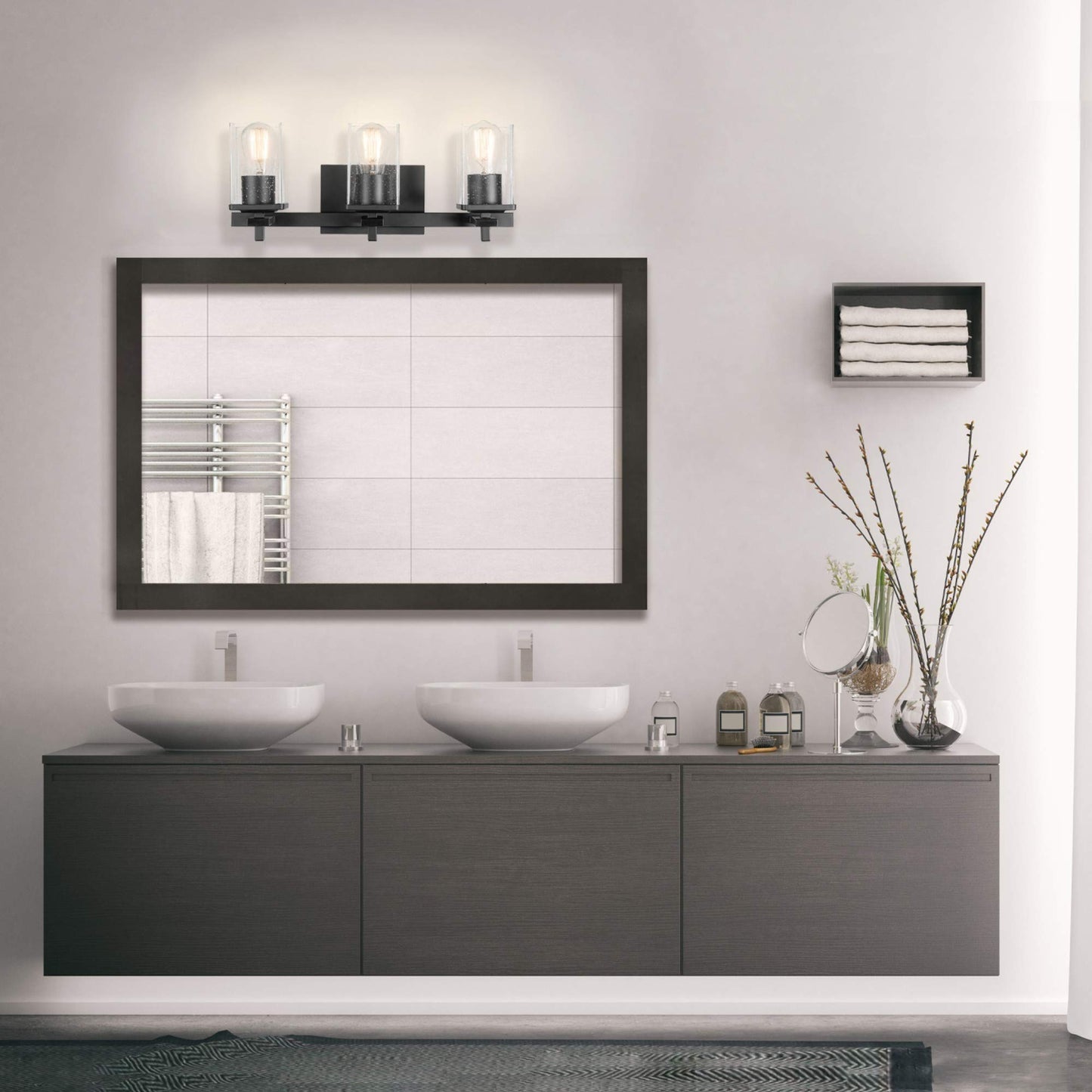 Globe Electric 51634 Dakota 5-Piece All-in-One Bathroom Set 3 Vanity Light with Seeded Glass Shades, Bar, Toilet Paper Holder, Towel Ring, Robe Hook