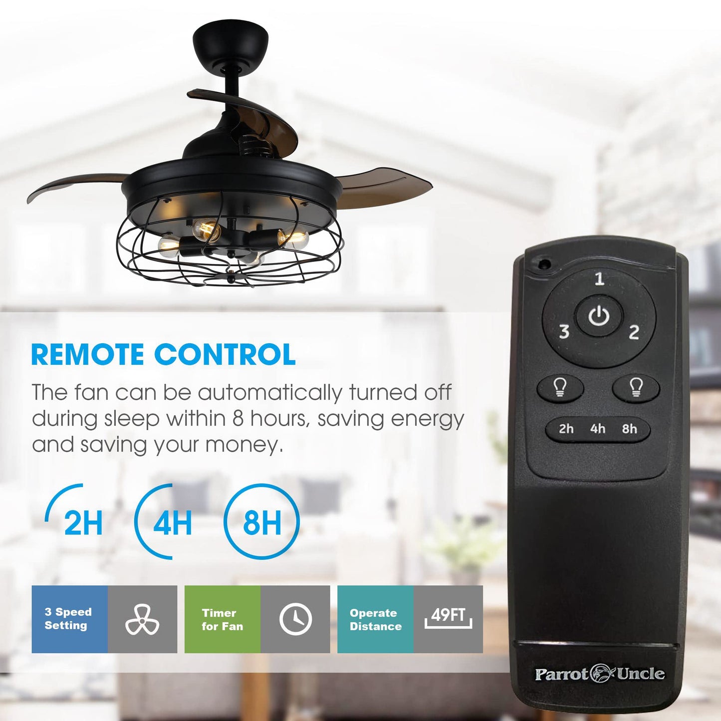 36 Inch Retractable Ceiling Fans with Lights, Invisible Cage Fan
