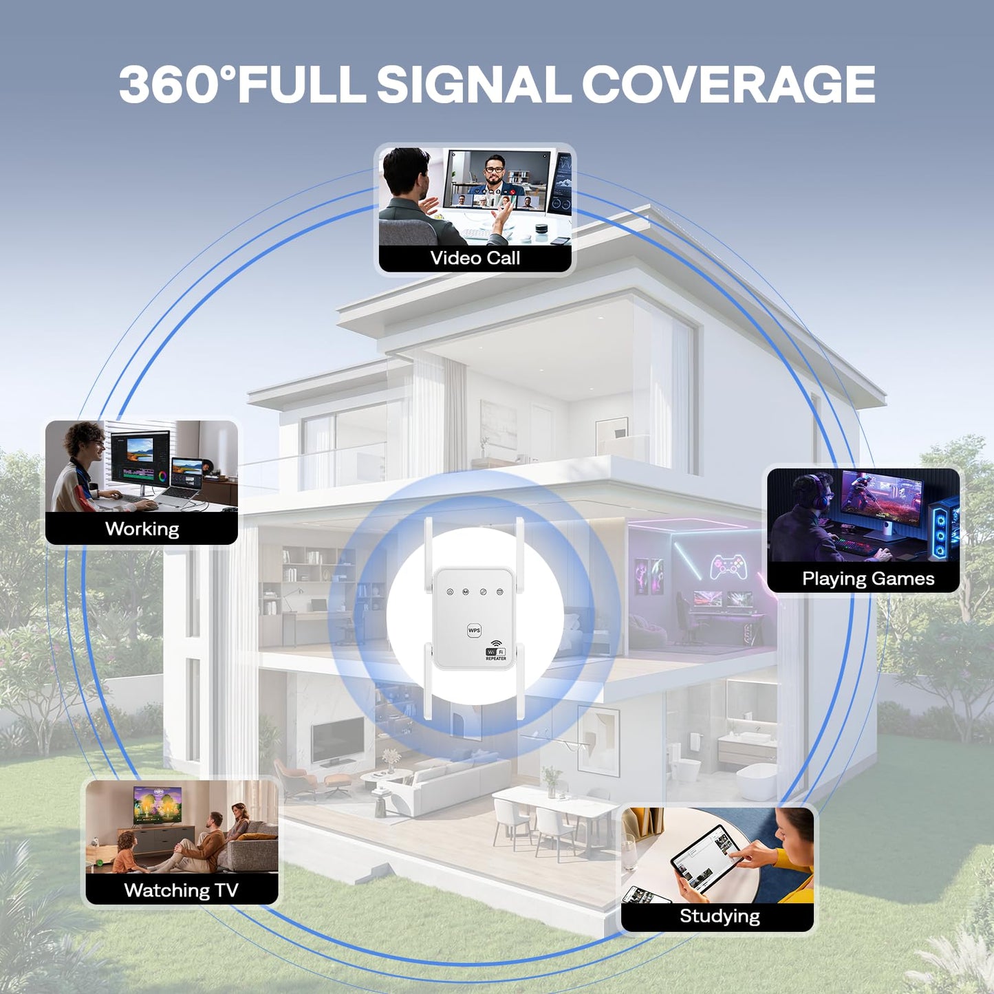 1200Mbps WiFi Extender Signal Booster for Home, Dual Band 5GHz/2.4GHz Wireless Internet Repeater with 4 External Antennas, Covers Up to 3600 Sq.ft