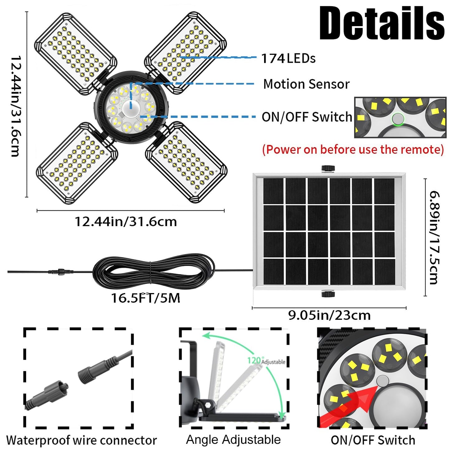 Latband Solar Shed Light Outdoor Indoor Upgrade 1200LM 174LED 4 and 1 Heads Motion Sensor Pendant Light, Solar Lights with 5 Lighting Modes Remote