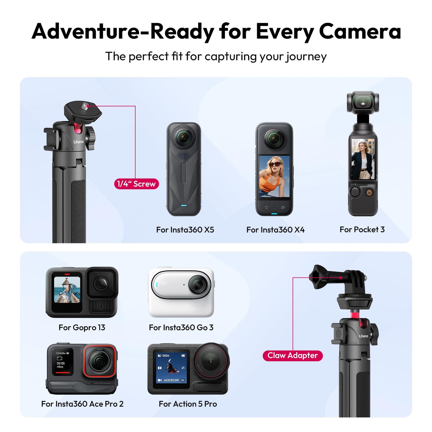 ULANZI MT-16 Extendable Mini Camera Tripod, 4 Levels Adjustment 360° Ball Head Cold Shoe Lightweight Portable Vlog Travel Selfie Stick Handle Grip