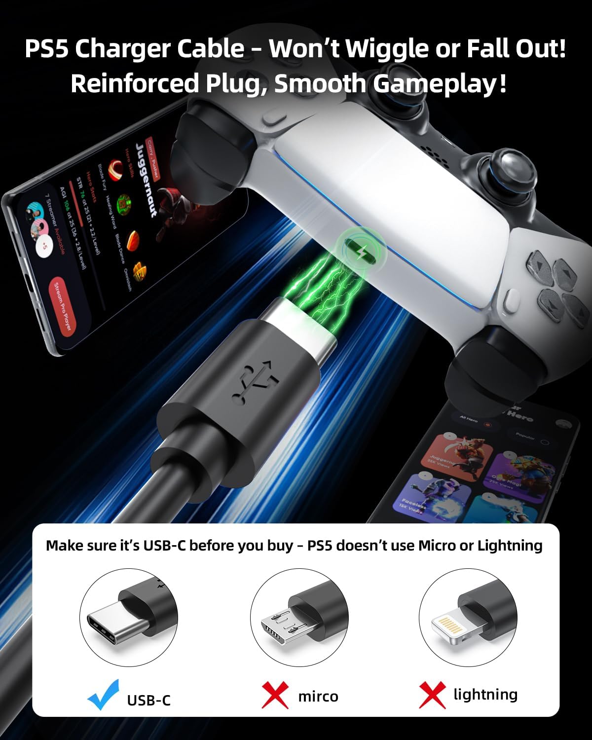 PS5 Controller Charger Cable for PlayStation 5 Charging Cord for Xbox Series X/Series S Controller Charging Cord PS 5 Dual Sense Wireless,Long USBC