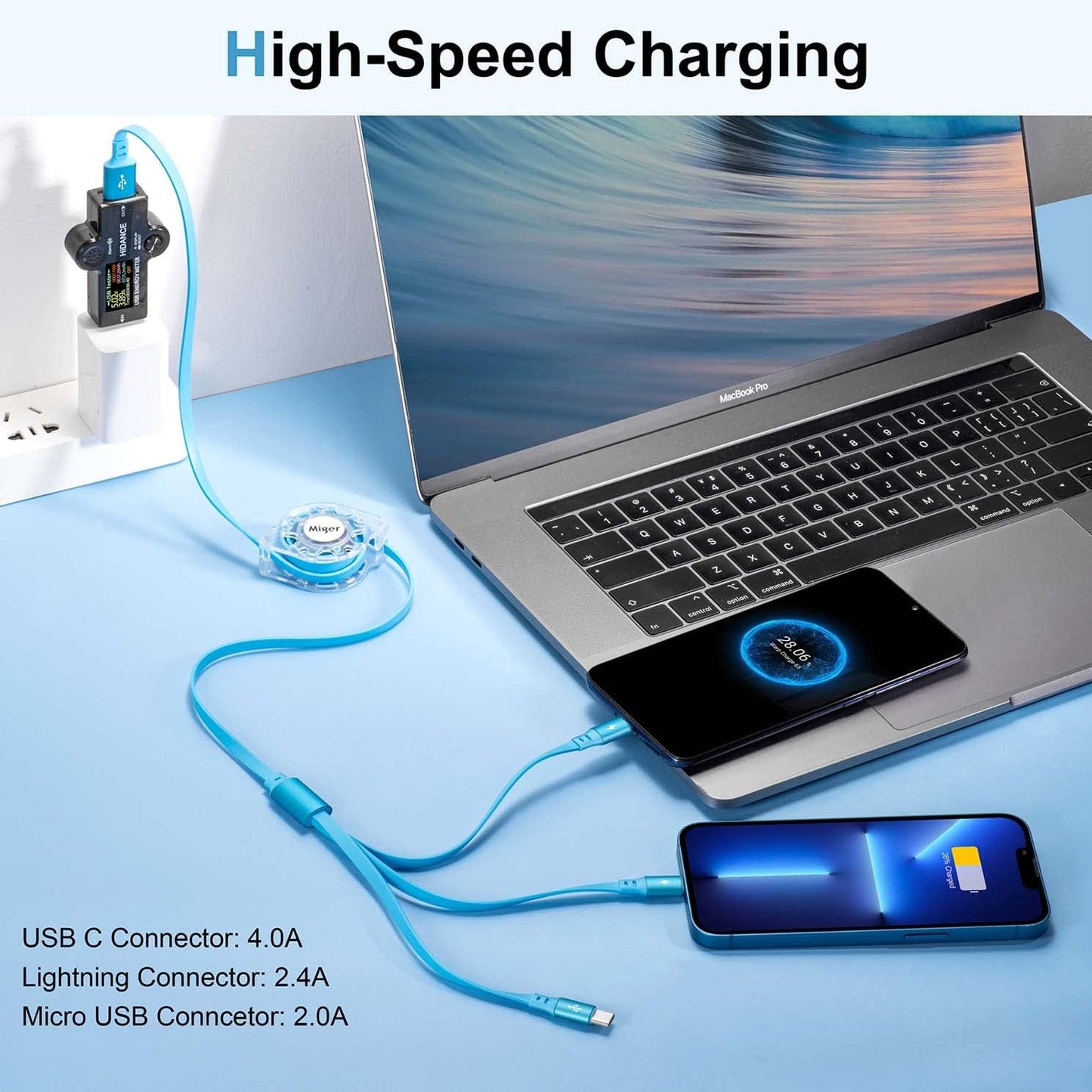 USB C Multi Fast Charging Cable 4A [2Pack/4Ft] Retractable Multi Charger USB A to Type C/Lightning/Micro USB Ports 3 in 1 USB Cable for Samsung
