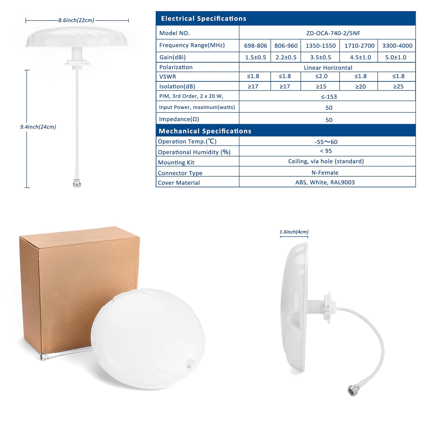 ZDTECH Ultra Thin Dome Ceiling Antenna, Omni-Directional Indoor Antenna, Wide Band Mount Dome Ant with N-Female Connector for Cell Phone Signal