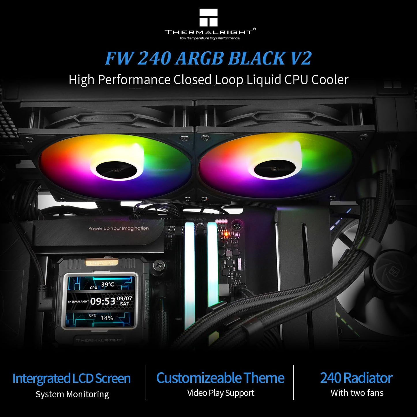Thermalrlght FW 240 Black ARGB CPU AIO Cooler,PC 240 Specification Water Cooling System,IPS LCD Screen with 320 * 240 Resolution,for AM5