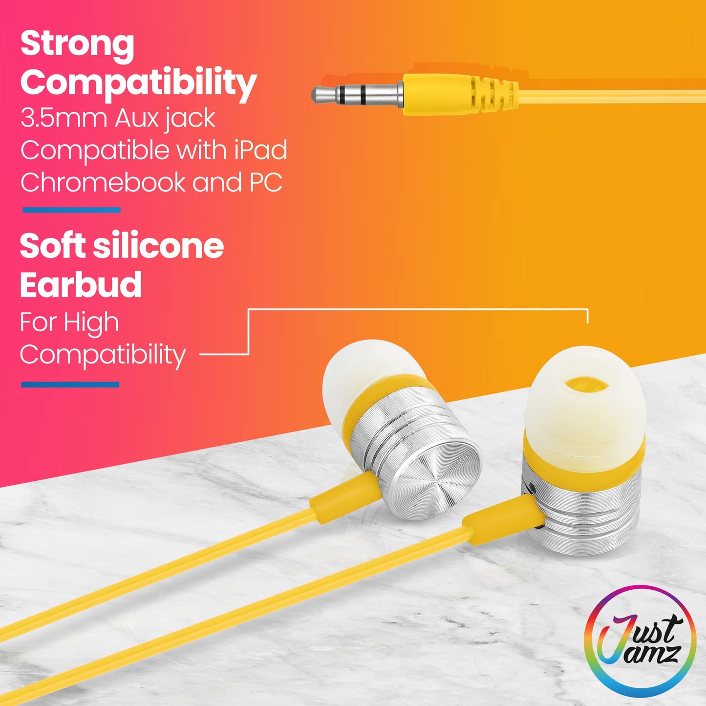 JustJamz 100 Pack Bulk Earbuds - Colorful Wired Ear Buds for Classroom, Students & Schools - Disposable Headphones with 3.5mm Jack - Comfortable Bulk…