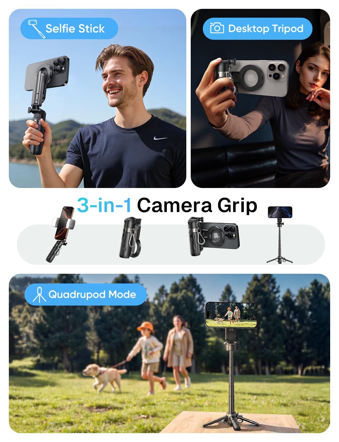MAGIC JOHN Phone Tripod with 2 Selfie Light, Portable Pocket Size Selfie Stick for iPhone Magsafe, Selfie Stick with Detachable Remote Control