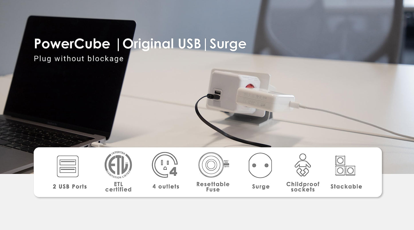 Allocacoc PowerCube Original USB; 4 Outlets Surge Protector 2 USBs Cubic Multi Socket Extender Power Tab Space Saving Compact No Blockage Dorm Home