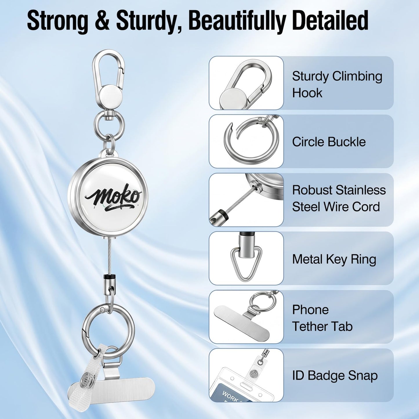MoKo 2 Pack Anti-Theft Phone Tether, Phone Lanyard Retractable Steel Line Cellphone Strap with KeyChain, ID Badge Holder & Metal Tether Tab