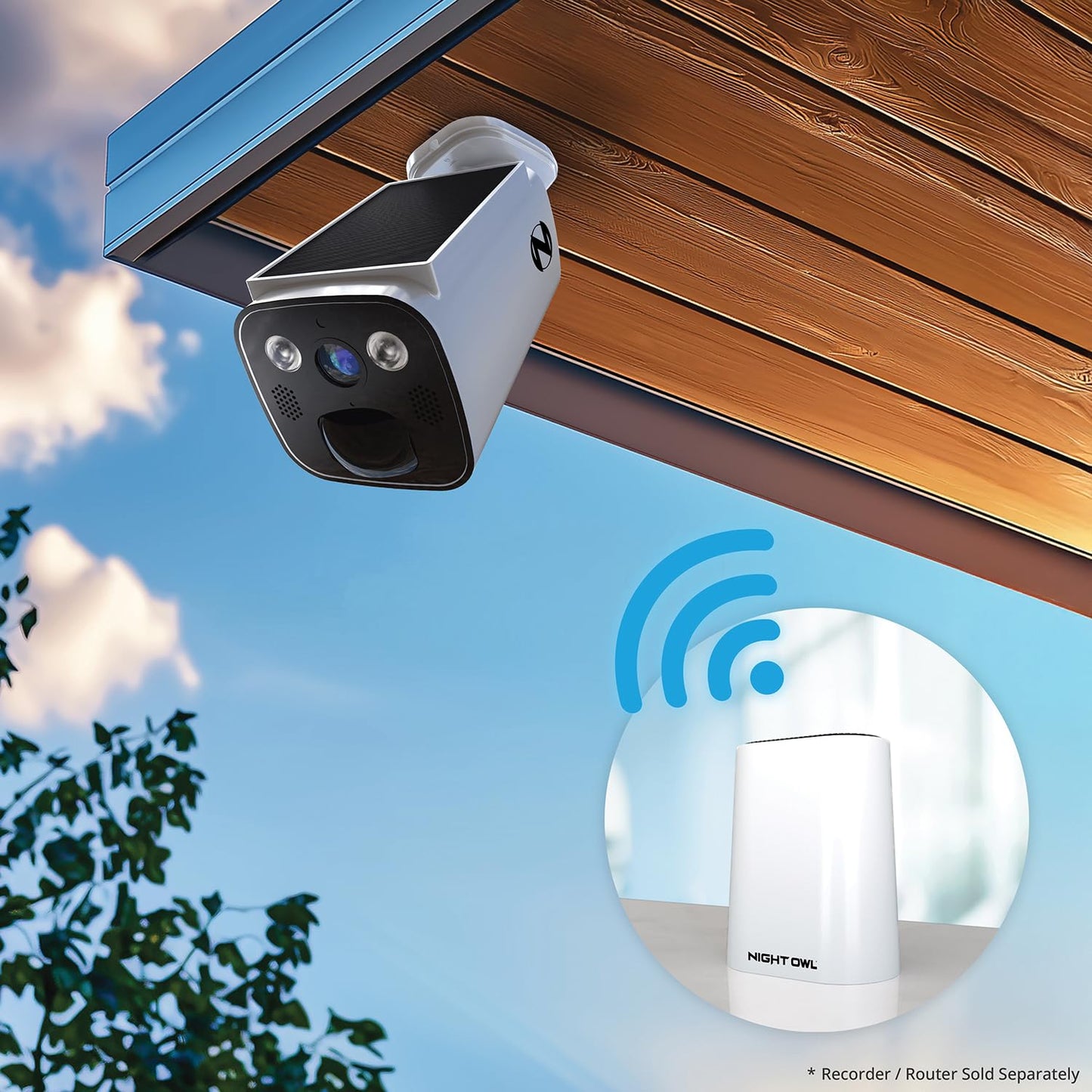 Night Owl 2K Battery Solar Powered Camera with Spotlight and 2-Way Audio - White