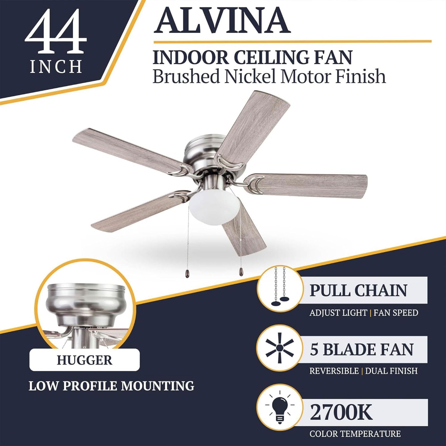 Prominence Home Alvina Traditional 44 Inch Ceiling Fan with Light, LED Flush Mount Ceiling Fan, Indoor Fan with 5 Blades, Gray Oak and Brown Walnut