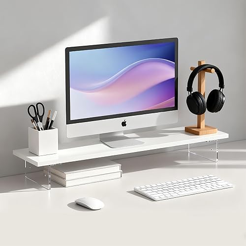 seicasaya Wood Monitor Stand Riser with Acrylic Legs, Computer Screen Stand Desk Organizer, 31.5 x 7.9 x 3.1 inch, Hold up to 66 lbs (White
