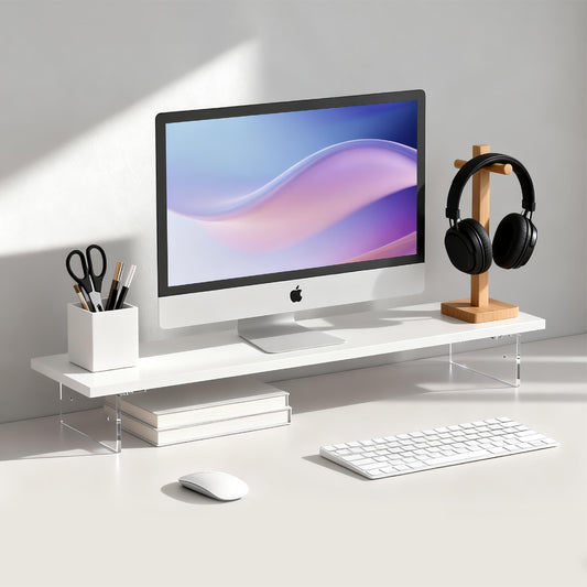 seicasaya Wood Monitor Stand Riser with Acrylic Legs, Computer Screen Stand Desk Organizer, 31.5 x 7.9 x 3.1 inch, Hold up to 66 lbs (White