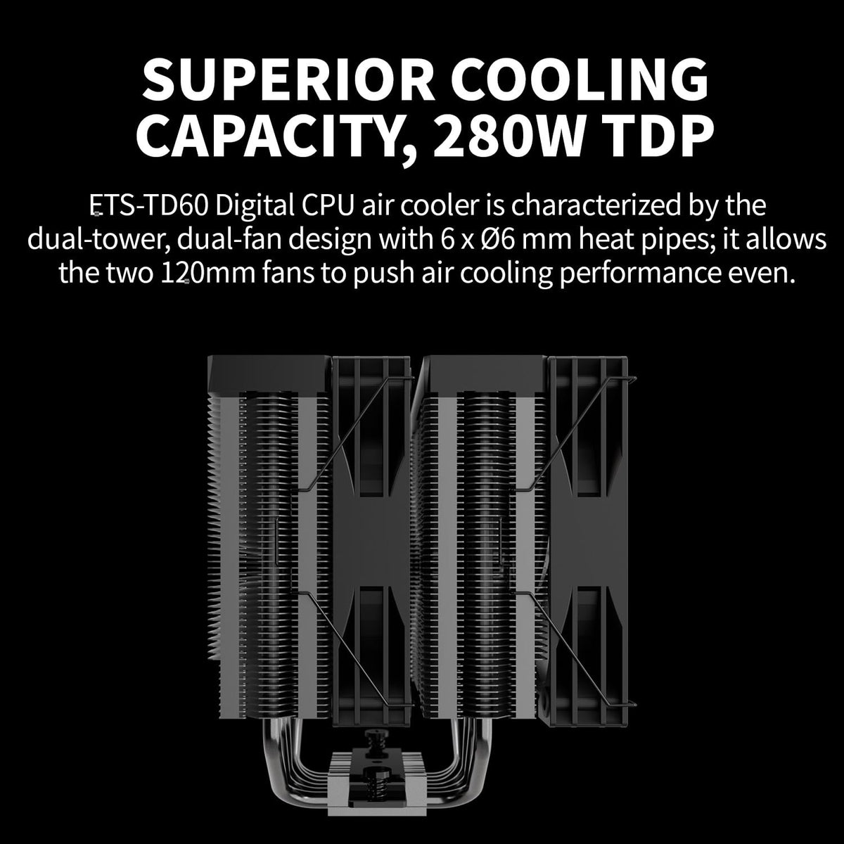 Enermax TD60 Digital CPU Air Cooler 159mm Height All-Black CPU Air Cooler Double Tower 6 Heat Pipes with Dual 120mm PWM Fan 280W TDP, for Intel