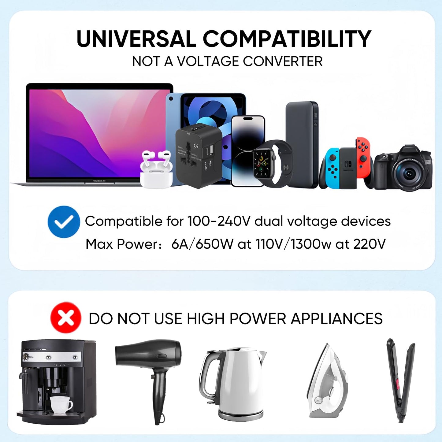 Universal Travel Adapter with USB-C & USB-A – All-in-One Worldwide Power Plug Charger for USA, EU, UK, AUS – Black