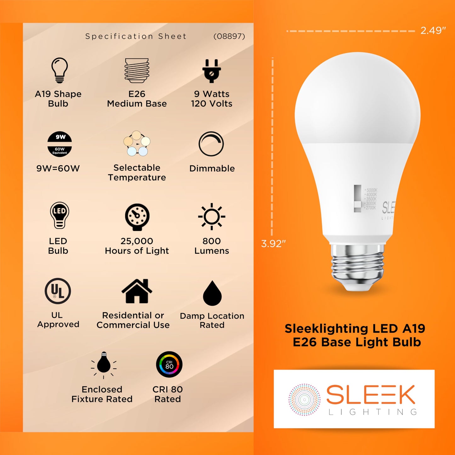 SLEEKLIGHTING A19 40W Equivalent 9 Watt LED Bulb, 5 CCT (2700K, 3000K, 3500K, 4000K, 5000K) 800 Lumens, Dimmable, Energy Star, E26 Base - (4 Pack)