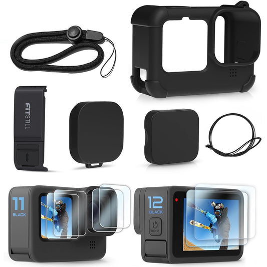 FitStill Silicone Sleeve Protective Case for Go Pro Hero 12/Hero 11/Hero 10 /Hero 9 Black, Battery Side Cover & Lens Caps & Screen Protectors