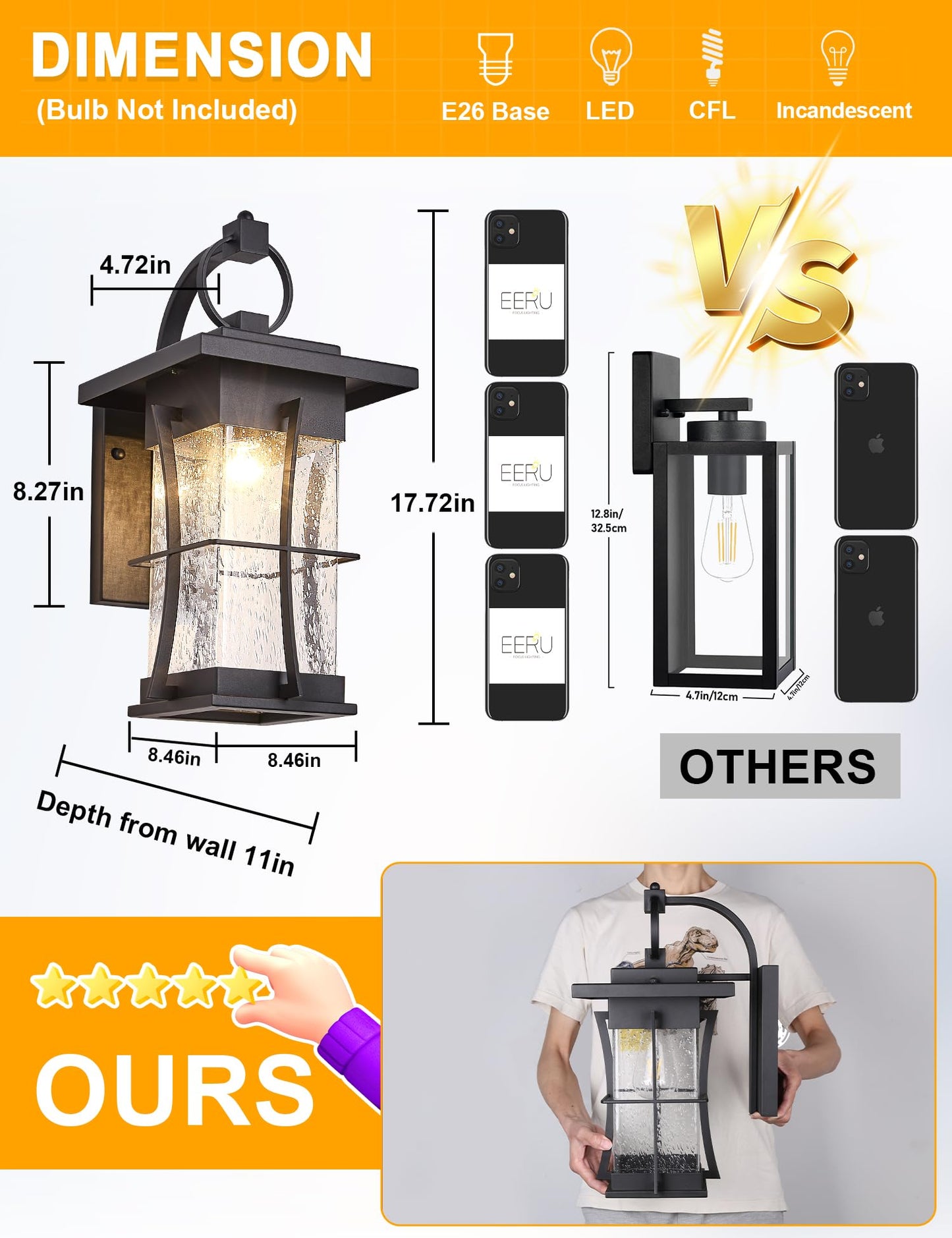 EERU 18" H Extra Large Outdoor Wall Sconce Black Large Exterior Wall Lantern Outside House Lamps Waterproof Mission Light Fixtures with Clear Seeded