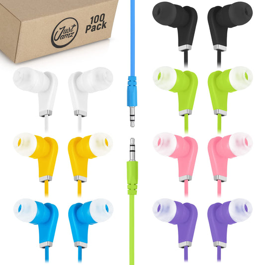 JustJamz 100 Pack Multi-Colored In-Ear Earbuds, Wired, Comfortable Silicone Tips, Ideal for Schools & Kids, 3.5mm Jack, 100 Count