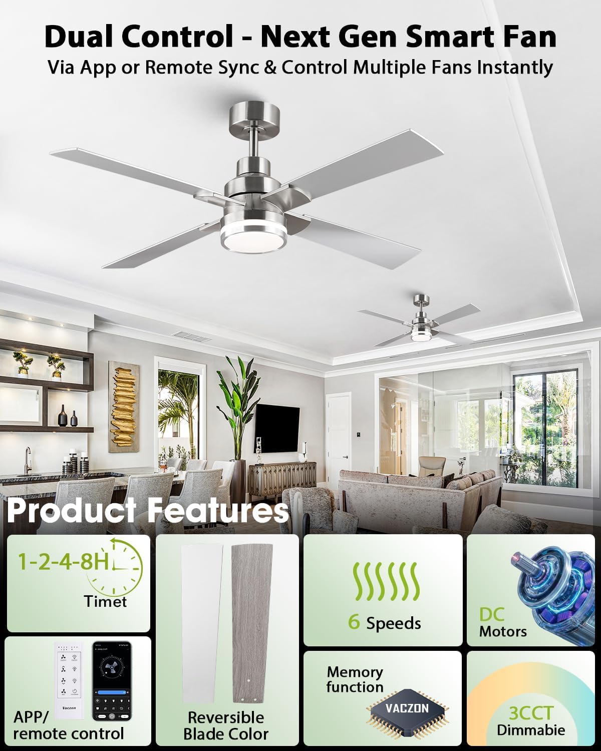 CalorHoga 52 Inch Ceiling Fans with Lights and Remote/APP, Brushed Nickel