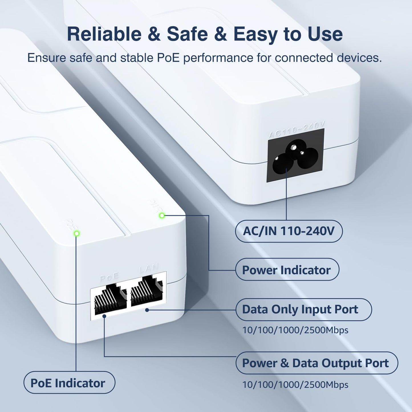 2.5Gb PoE++ Injector 90W, VunLink High Power IEEE 802.3bt Multi-Gig PoE Adapter, 55V Output, 10/100/1000/2500Mbps for WiFi 7 Access Point, PTZ Camera