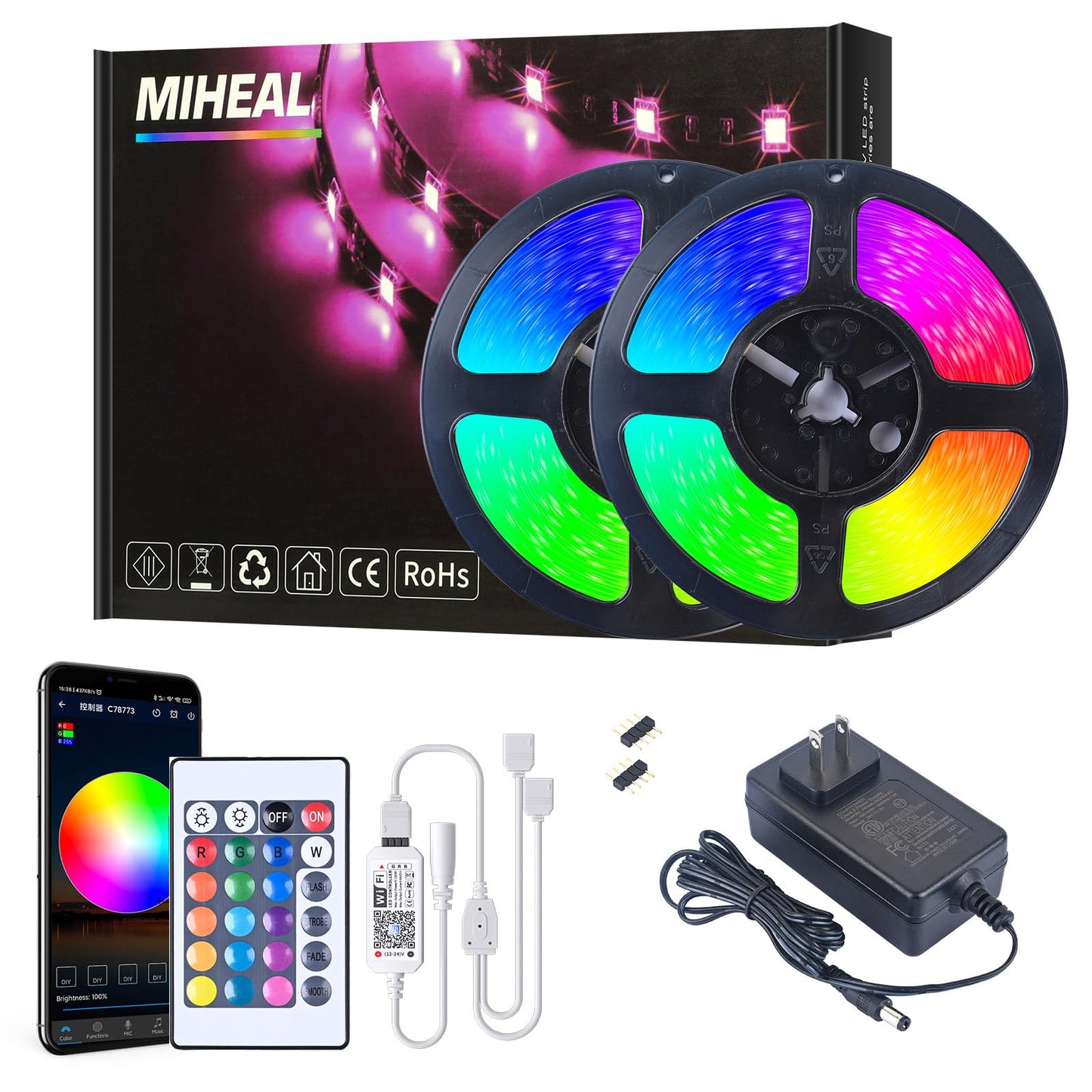 MIHEAL Led Light Strip, WiFi Wireless Smart Phone Controlled 65.6ft Non-Waterproof Strip Light Kit Black PCB 5050 LED Lights,Working with Android