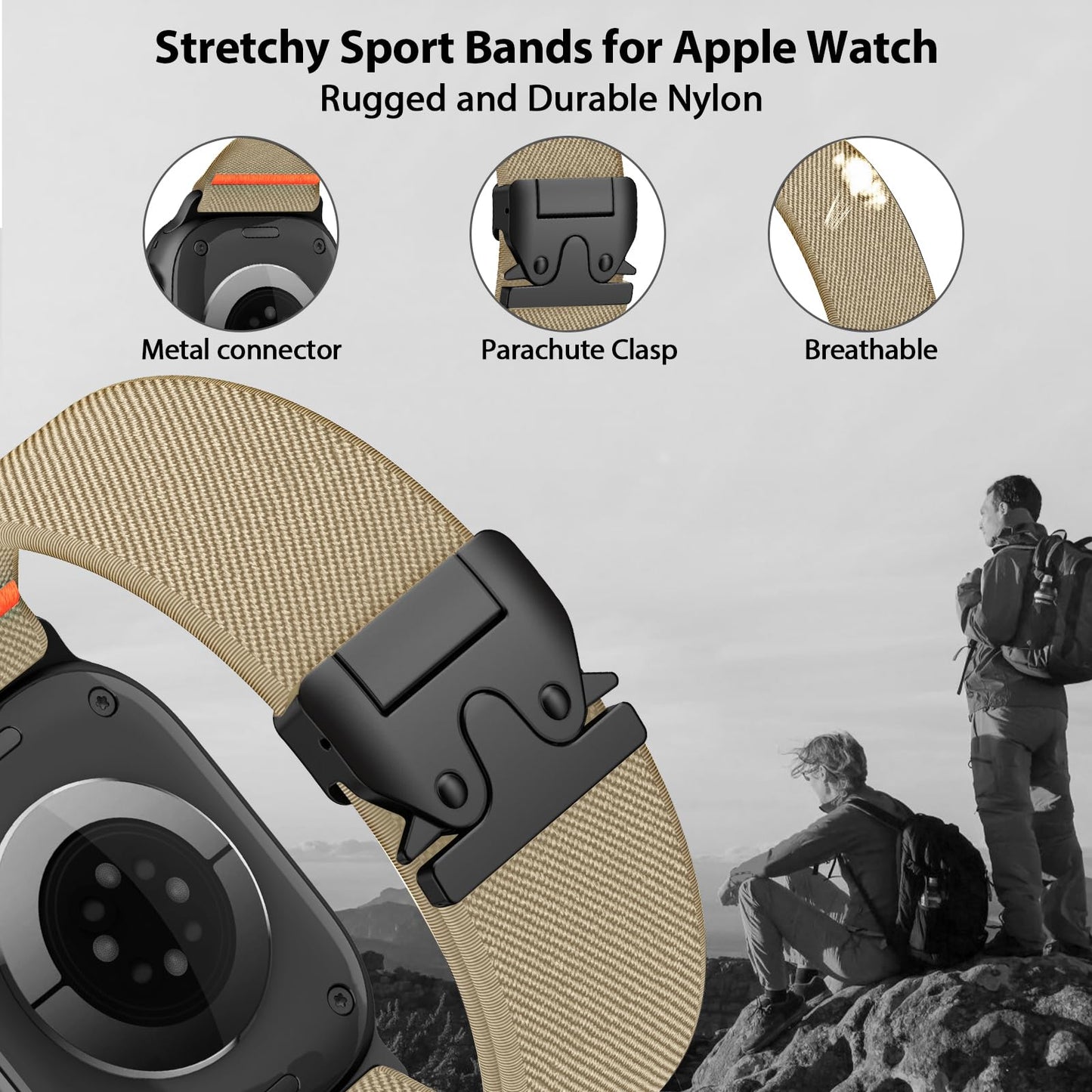 Elastic Sport Band for Apple Watch Ultra 3/2/1 Bands 49mm 46mm 45mm 44mm 42mm 41mm 40mm 38mm Men Women, Adjustable Parachute Buckle Nylon Fabric