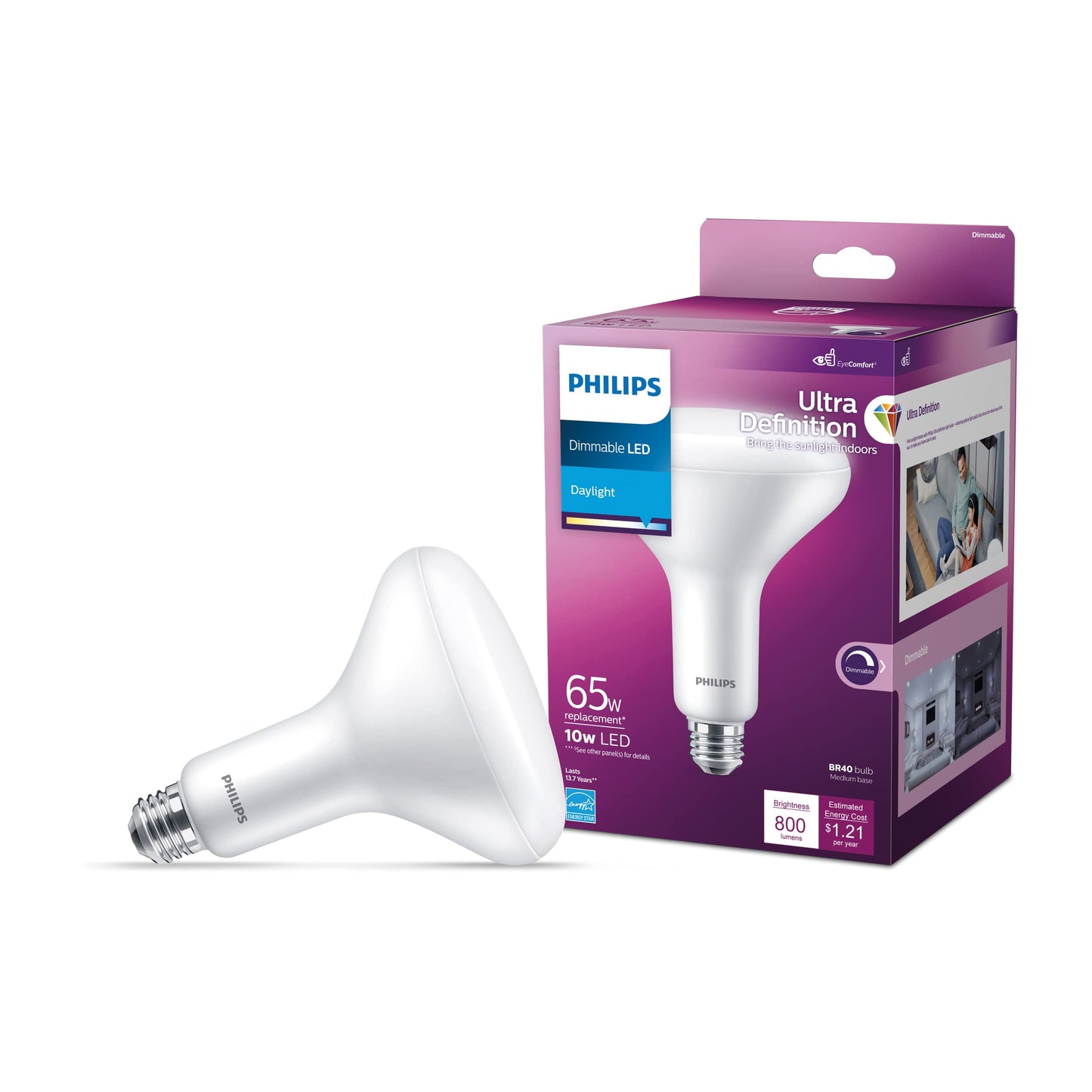 PHILIPS LED 65W BR40 1-Pack Ultra Definition Daylight (5000K) 800 Lumen (10W = 65W) Dimmable Frosted Flicker-Free Light Bulb