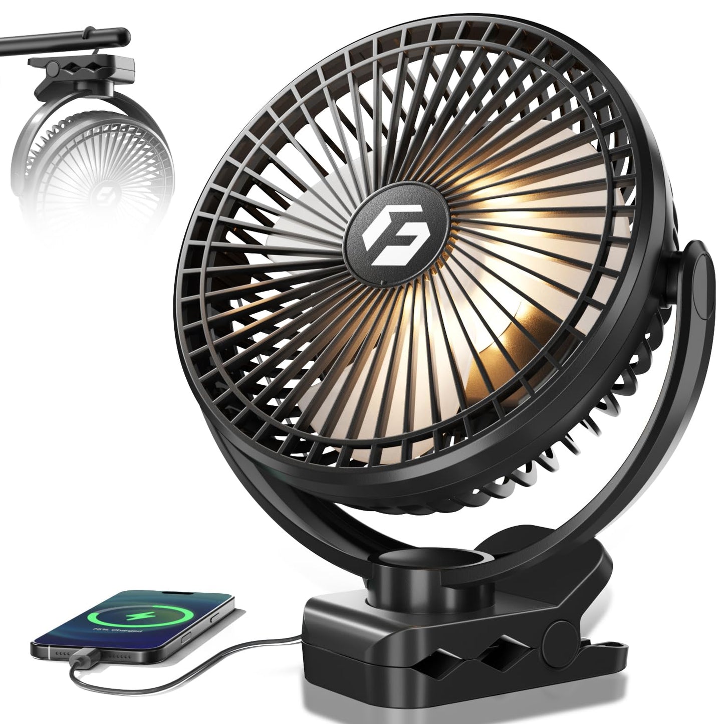 FRIZCOL 20000mAh 8 Inch Portable Clip On Fan,Battery Operated Golf Cart Fan with Lights, USB Fans Small Desk Fans Personal Quiet Fans for Office