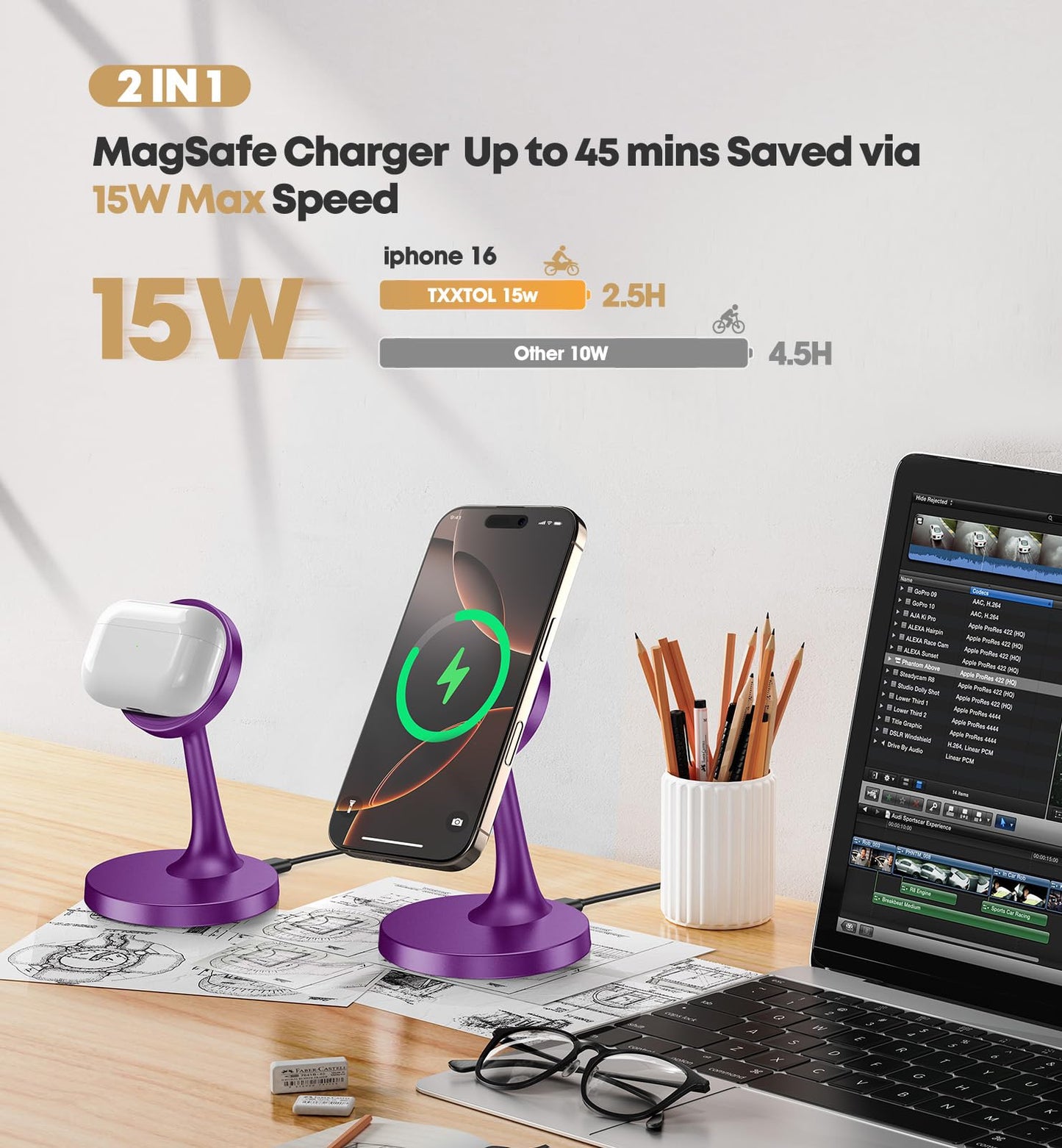 TXXTOL Magnetic Wireless Charger iPhone Stand, 15W Fast Mag-Safe Charger iPhone 17/17 Air/17 Pro/17 Pro Max 16/15/14/13/12 Series Magnet Wireless