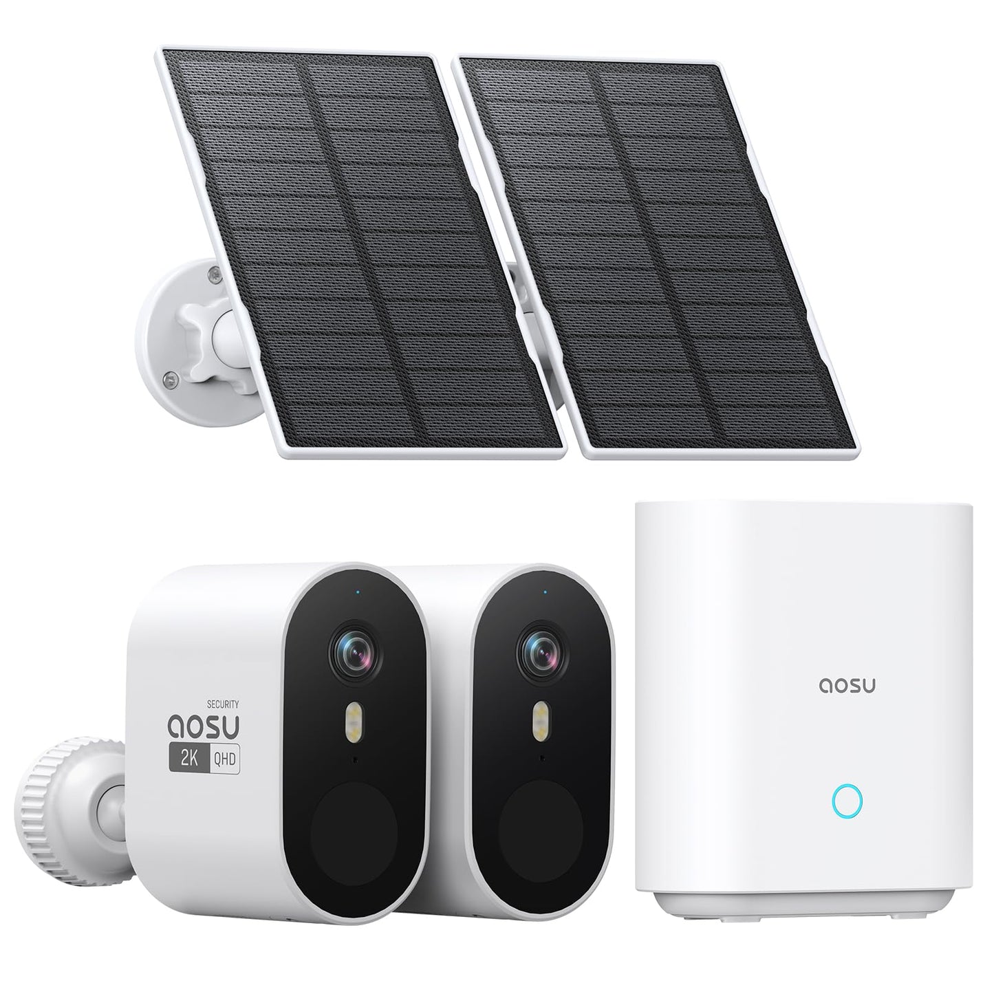 aosu Solar Security Cameras Wireless Outdoor, 2-Cam Kit, 2K QHD Home Security System with 166° Ultra-Wide Angle, Color Night Vision, 120 Days aosuBase