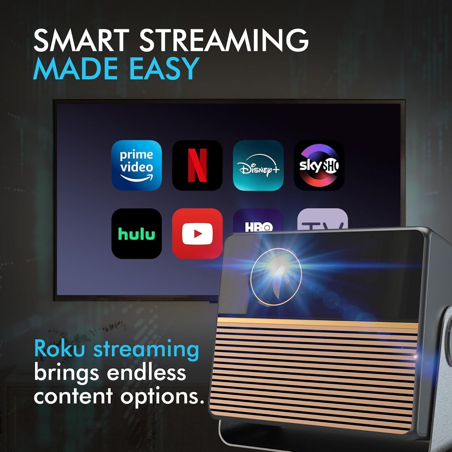 RCA 1080P Smart Streaming Mini Projector intended for Roku Express Streaming Device (included), 250 ANSI Lumens, HDMI, Wi-Fi & Bluetooth, Projects 36