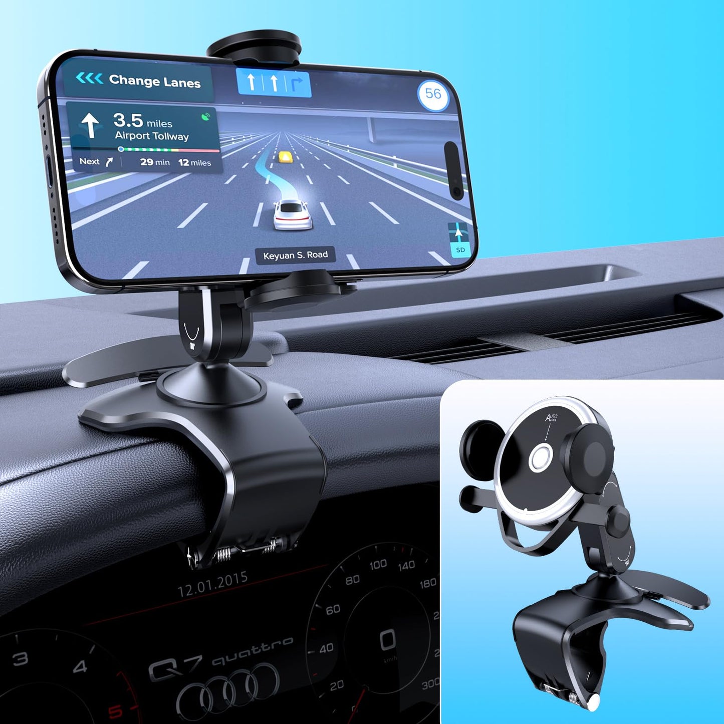 DRPHKTT Universal 360° Rotating Dashboard Phone Holder for Car - Spring Clip Car Phone Mount, No Adhesive No Tools, Multi-Angle Adjustable Clip-On