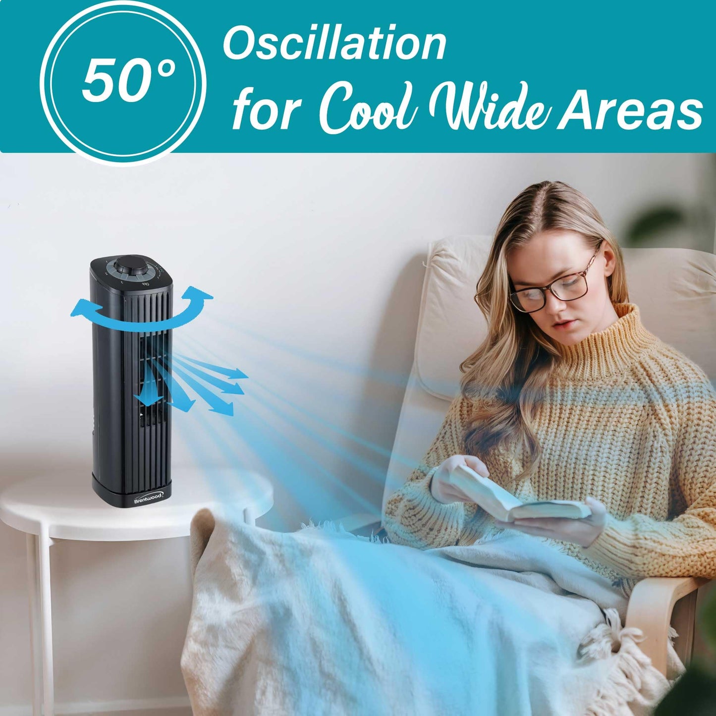 Brentwood Portable 14-Inch Personal Tower Fan with 3 Quiet Speeds, 16 FT/S Velocity, 50° Oscillation, Carry Handle (Black)