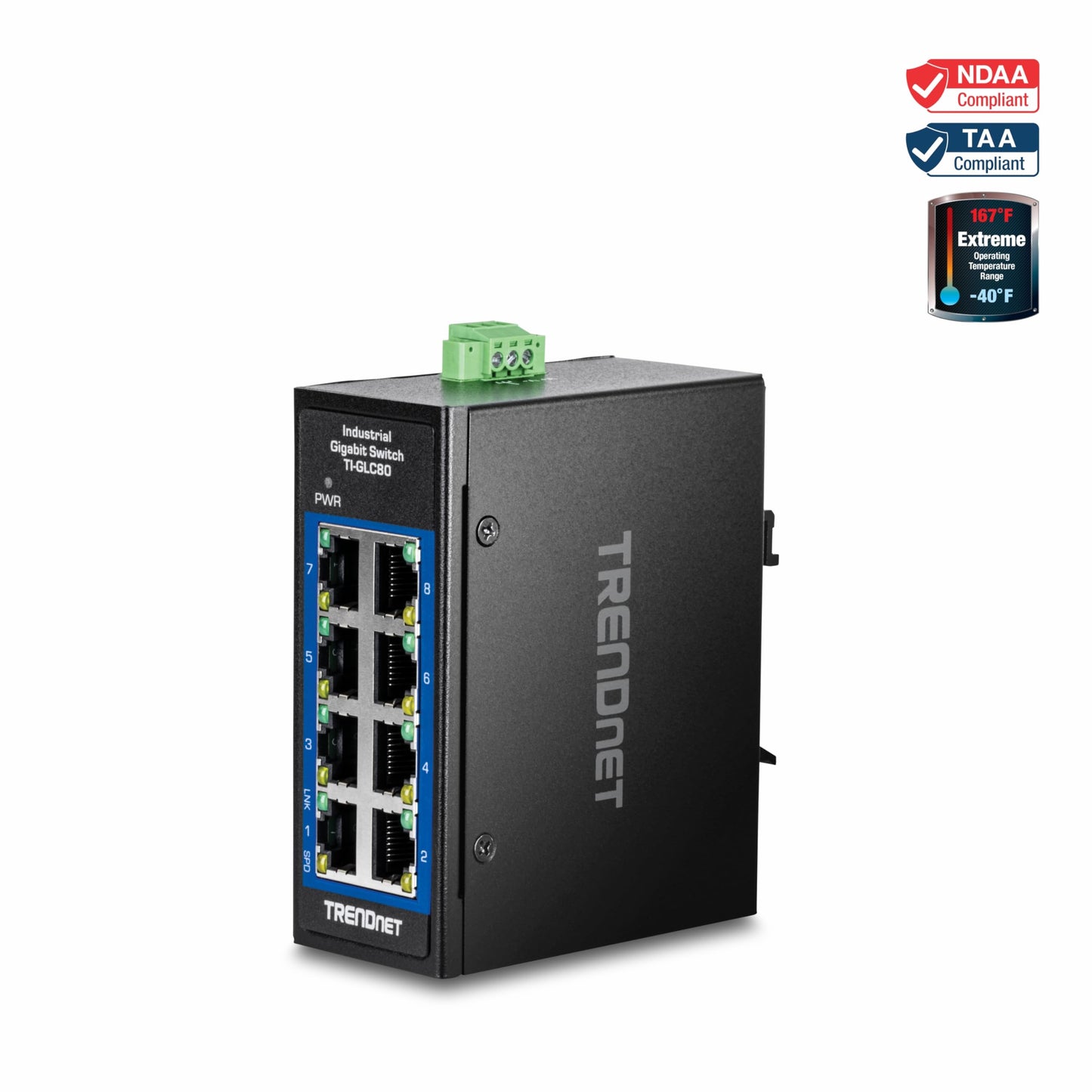 TRENDnet 8-Port Industrial Gigabit DIN-Rail Mini Switch, TI-GLC80, 8 x Gigabit Ports, Extreme Temperature IP30 Rated, 16Gbps Switch Capacity, Black