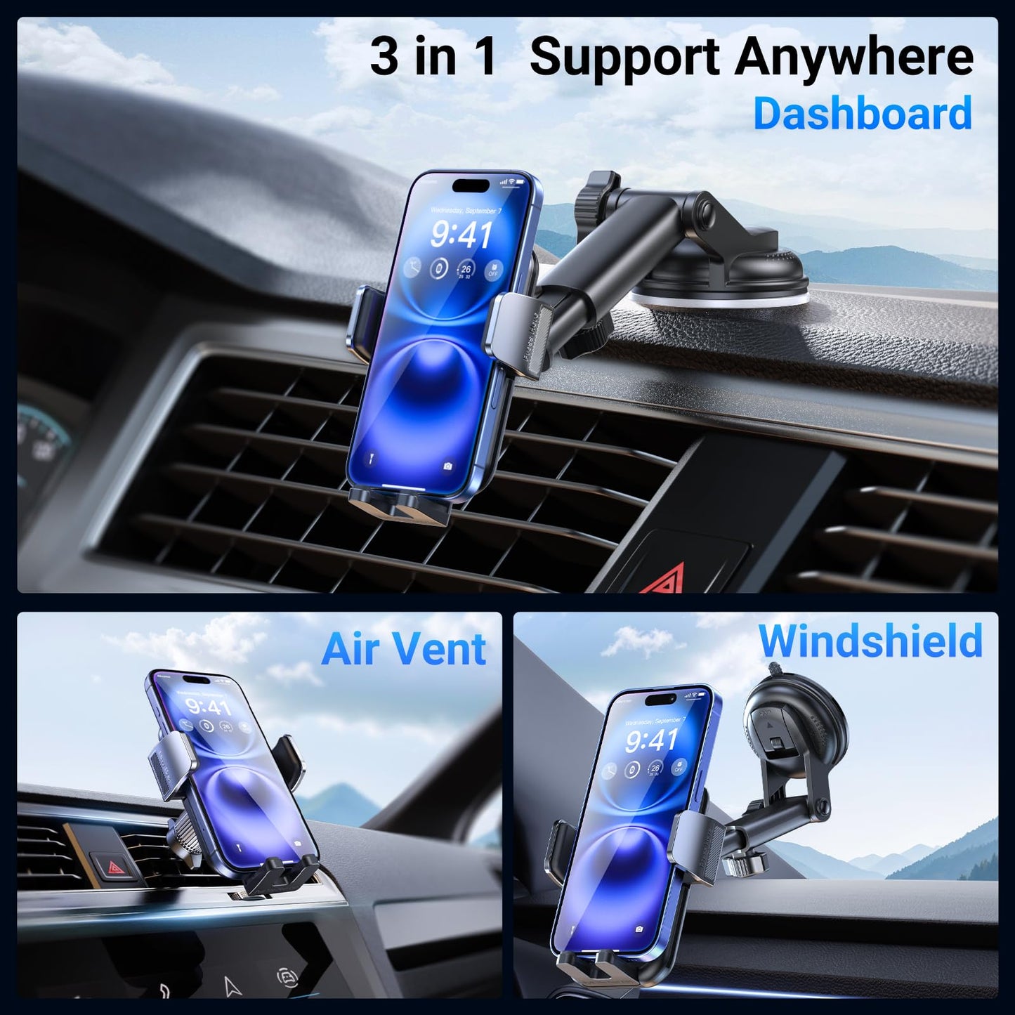 3-in-1 Car Phone Holder [122+LBS Strongest Suction & Stable Clamp Arm] 360° Adjustable Car Phone Mount, Cell Phone Holders for Your Car for Dashboard